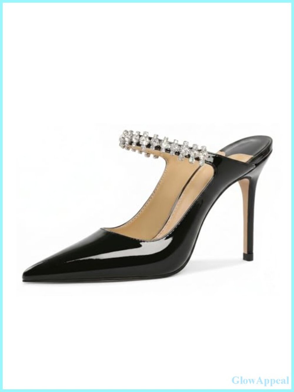 Pointed Toe Rhinestone Strap Stiletto Mule Heels 4 Inch Slip-On Dress Pumps